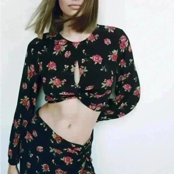 ZARA | Black/Red Floral Long Sleeve Knotted Crop Top - Picture 1 of 6